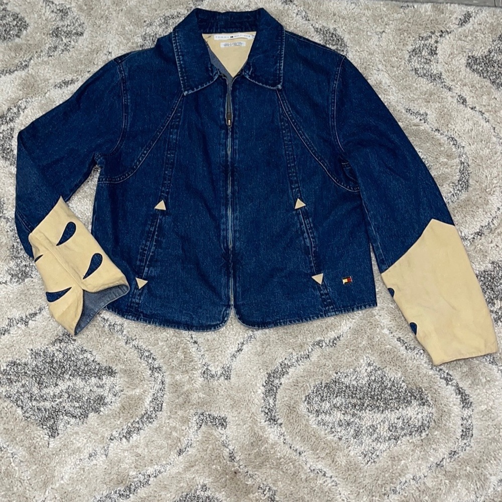 VINTAGE Tommy Hilfiger Denim Zip Jacket With Creme Suede Cuffs